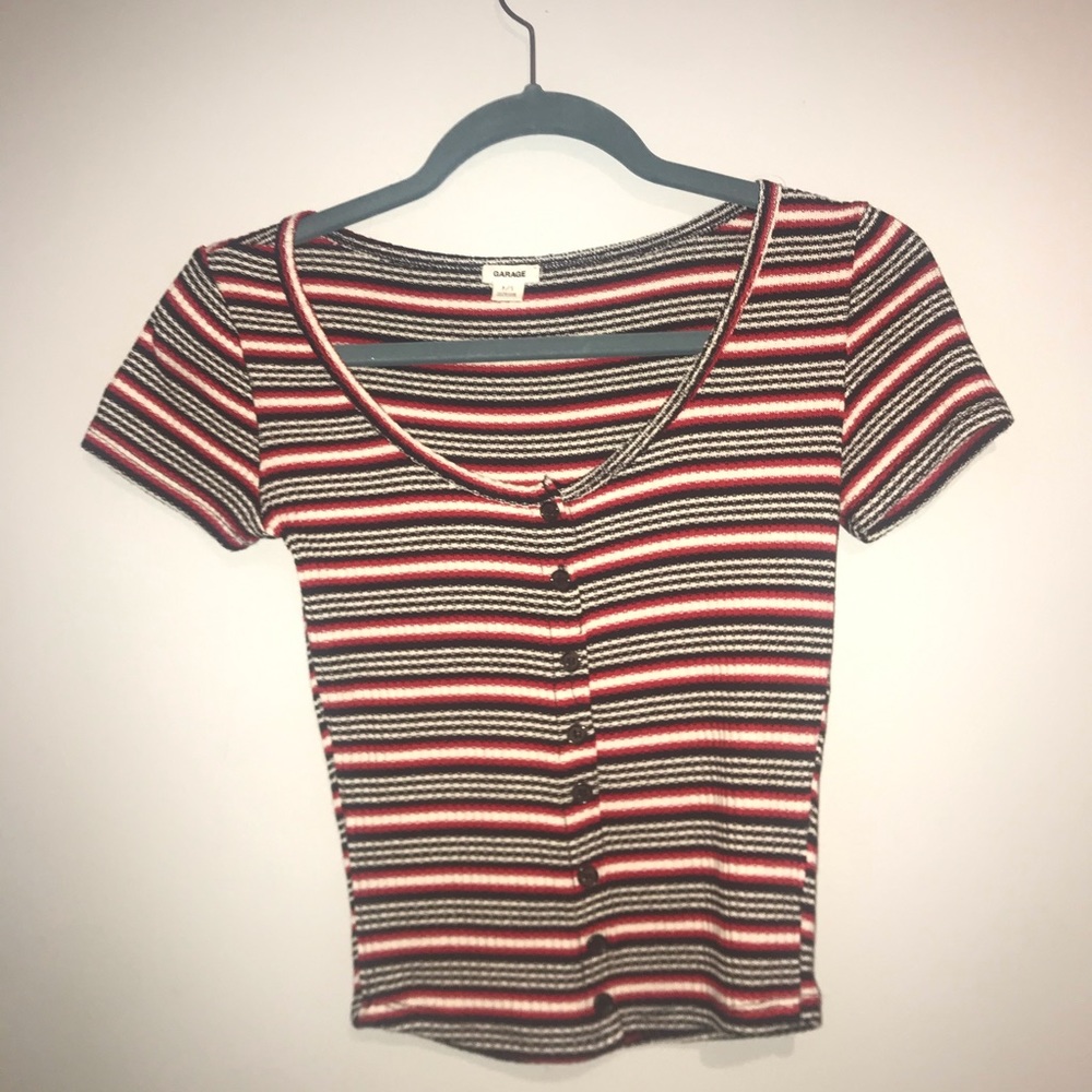 Red white and black striped button shirt